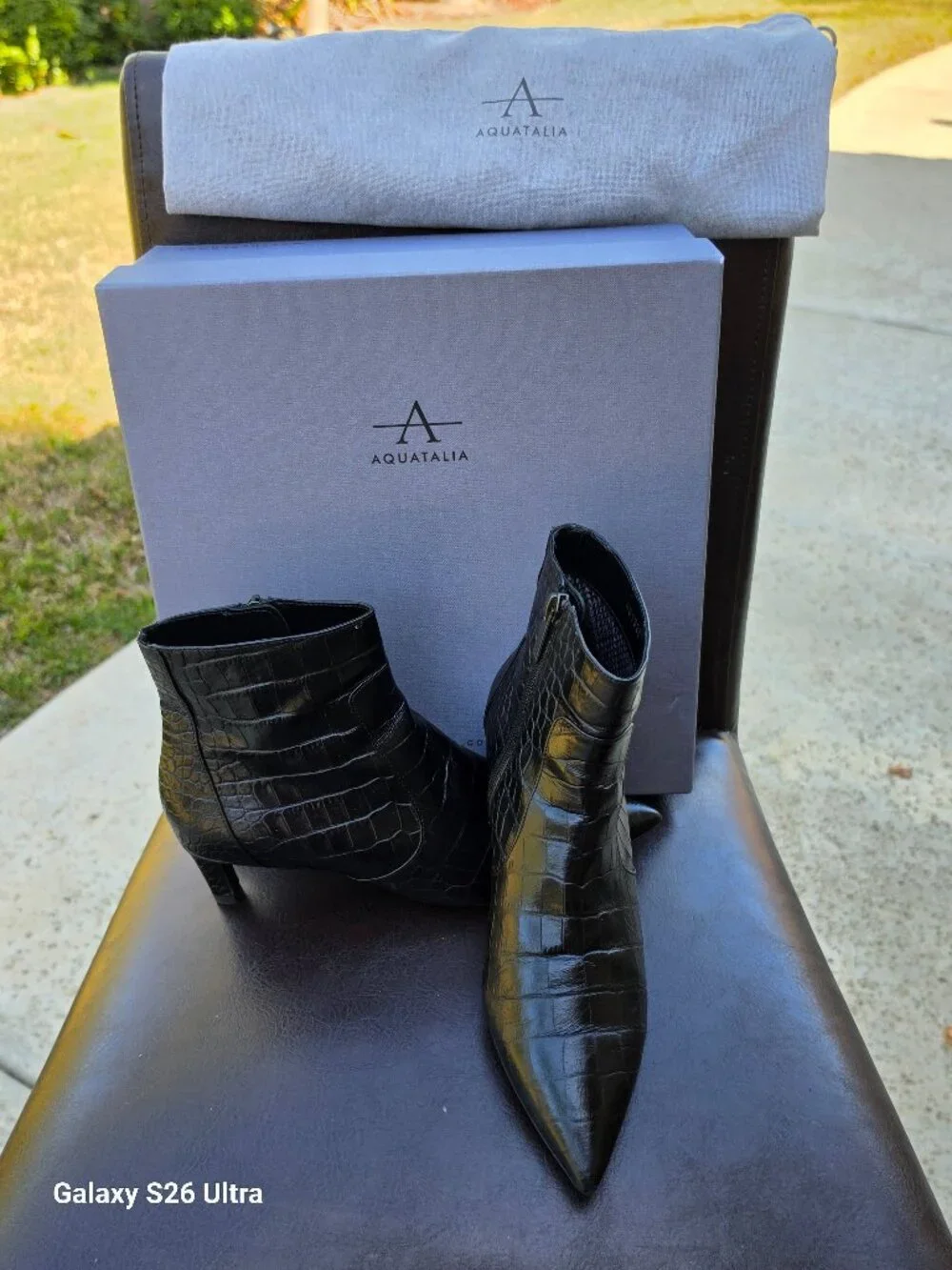 Aquatalia Marilisa Shiny Croc Weatherproof Ankle Booties - Black - Size 7.5M